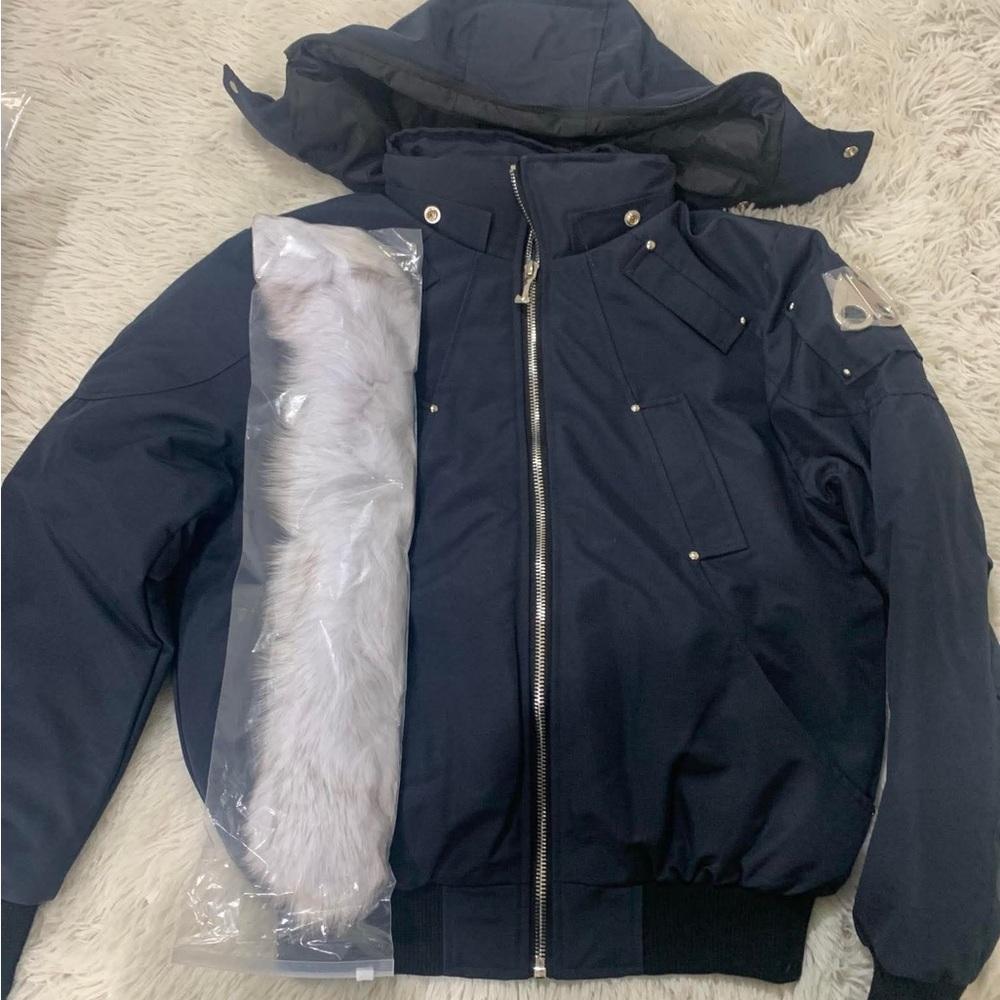 Moose Knuckles Dark Blue Hooded Puffer Jacket
